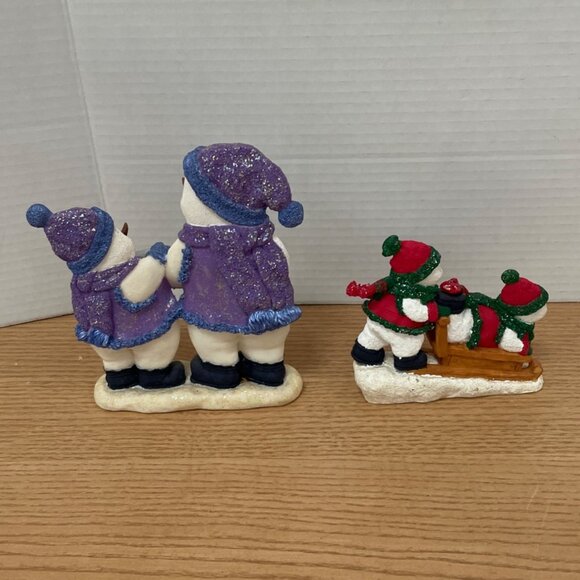 Christmas Snowman Family Figurines Set Carolers and Sledding Expressive Glitter - Picture 3 of 7